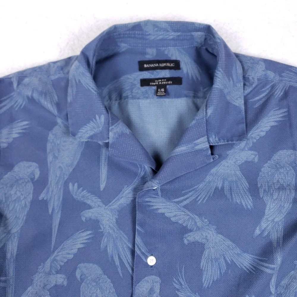 Banana Republic Mens Blue Parrot Bird Print Slim Fit Short Sleeve Shirt Large